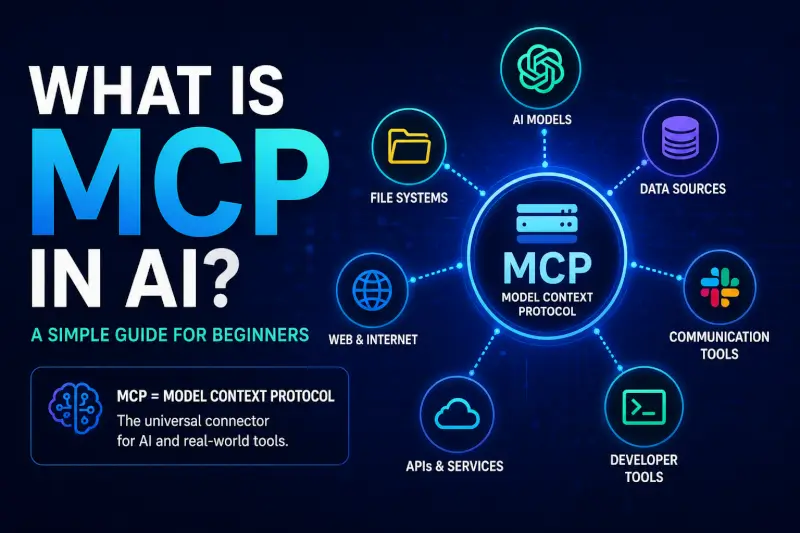 FluxBot standing inside a futuristic AI control room connecting AI agents, automation workflows, APIs, databases, creator tools, and cloud applications through the Model Context Protocol (MCP).