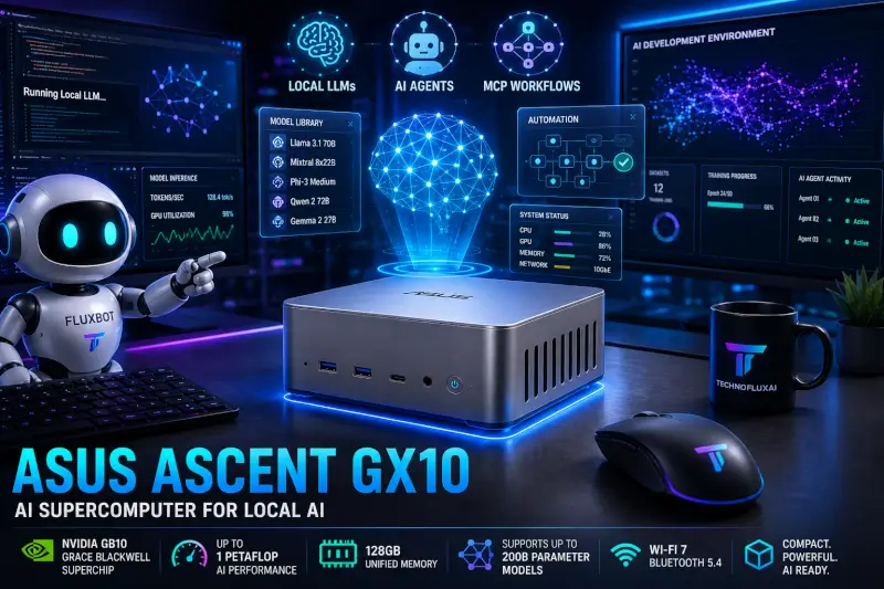 ASUS Ascent GX10 AI Supercomputer running local AI models, AI agents, MCP workflows, automation systems, and machine learning workloads in a futuristic TechnofluxAI workstation environment with FluxBot.