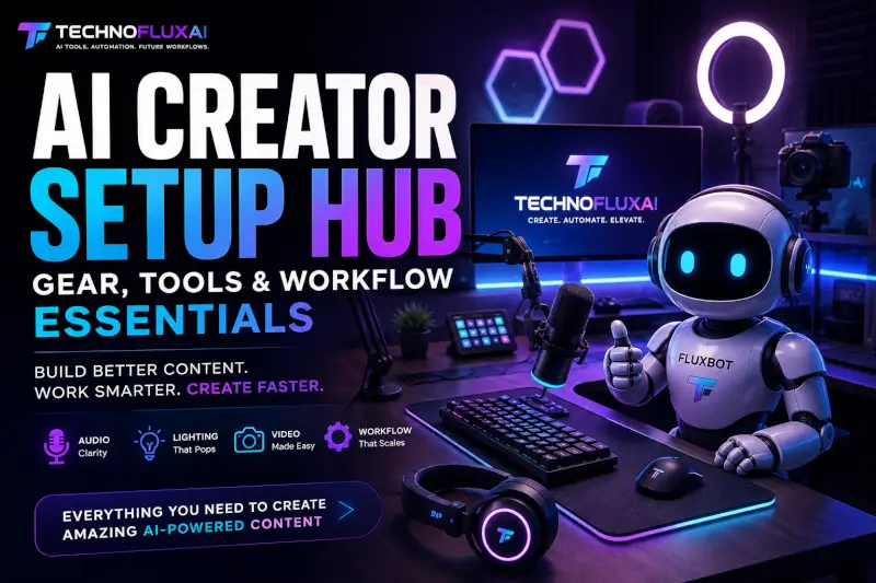 FluxBot sitting at a futuristic AI creator workstation with microphone, headphones, camera, ring light, monitor, and creator tools in a neon blue and purple studio setup.