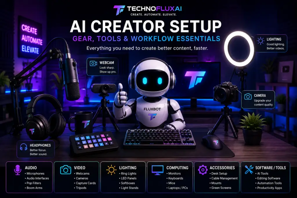 FluxBot sitting at a futuristic creator workstation surrounded by essential content creation gear including a microphone, headphones, webcam, camera, ring light, keyboard, monitor, and creator workflow tools.