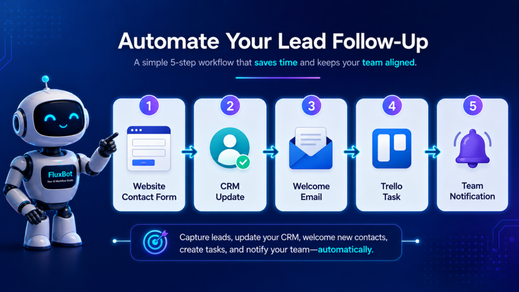 Example Zapier workflow from contact form to CRM, email, Trello, and team notification.