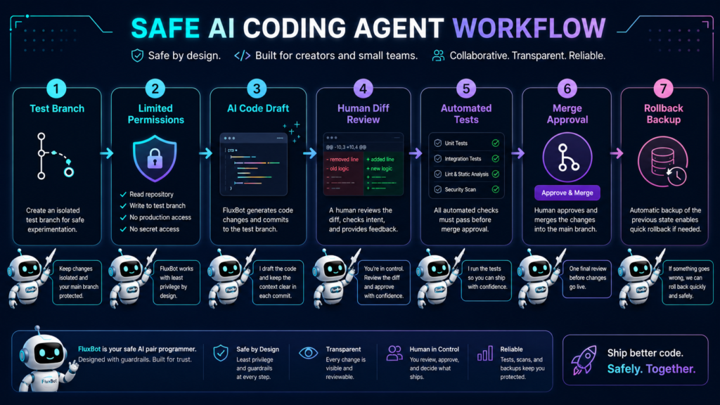 Safe AI coding agent workflow with branch, review, tests, and rollback steps.