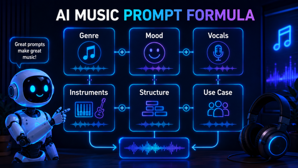 Suno AI prompt formula graphic showing music prompt ingredients for better AI-generated songs in a dark blue futuristic design.