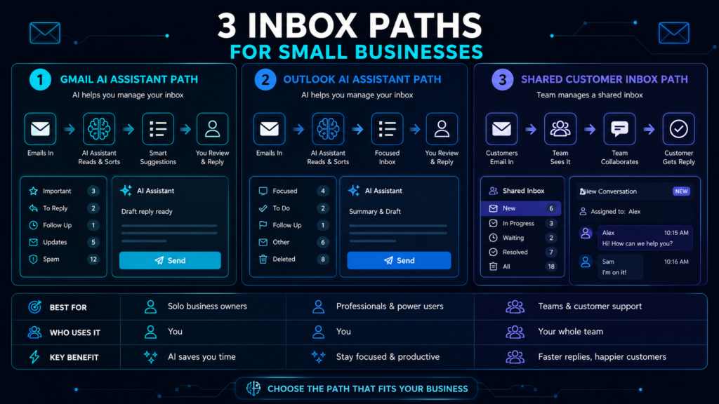 Small business AI email workflow with inbox cleanup, follow-up reminders, draft replies, and human approval steps.