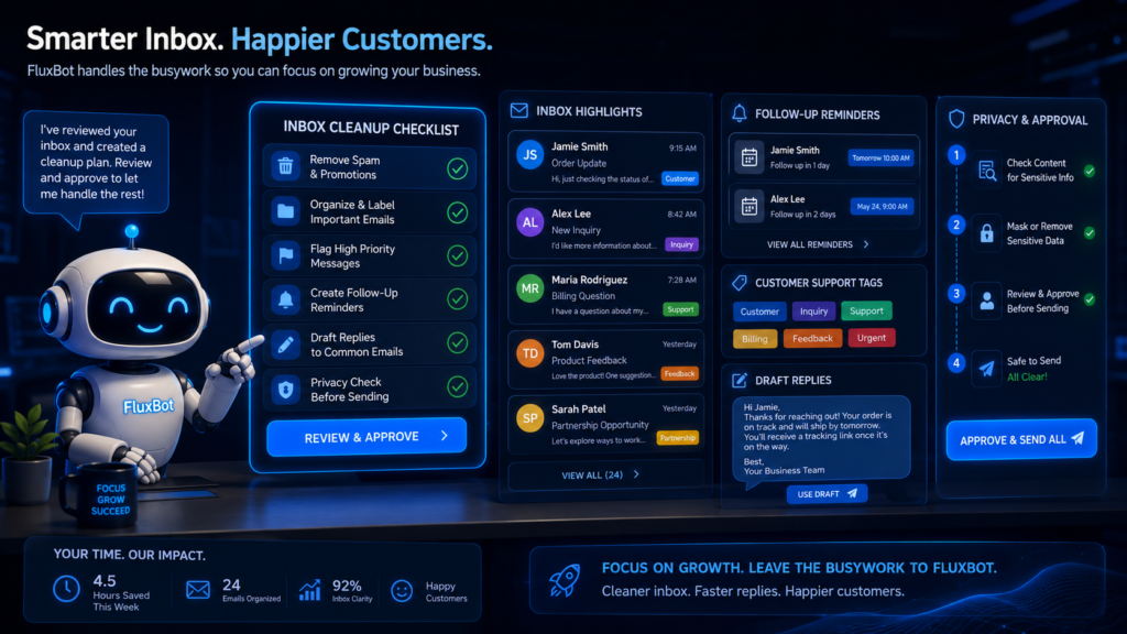 Small business AI email workflow with inbox cleanup, follow-up reminders, draft replies, and human approval steps.