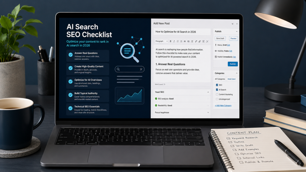 AI search content optimization checklist showing SEO, GEO, schema, internal links, and answer engine visibility planning.