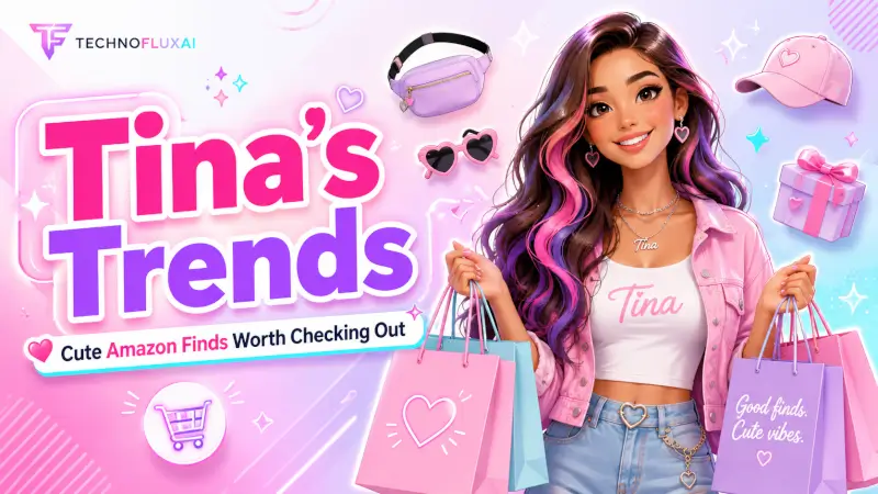 Tina’s Trends featured image showing a stylish pink-and-purple shopping-themed character with shopping bags and the text Cute Amazon Finds Worth Checking Out