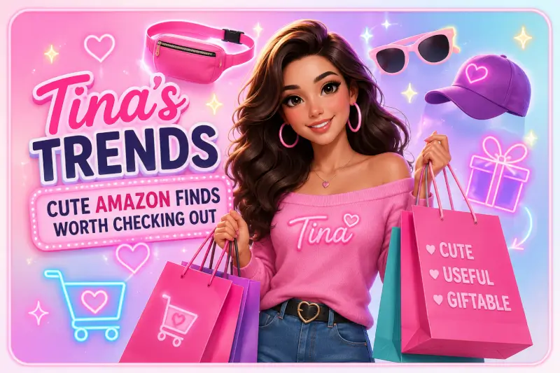 Tina holding shopping bags with cute shopping icons