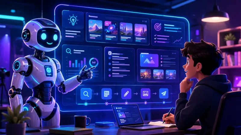 DataFlux helping a beginner blogger organize an AI blogging workflow on a futuristic dashboard.