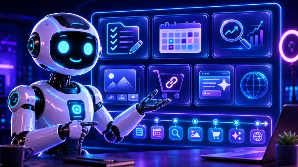DataFlux AI robot presenting a futuristic blogging workflow dashboard with checklist, calendar, SEO, image, affiliate, AI Overview, and GEO panels.