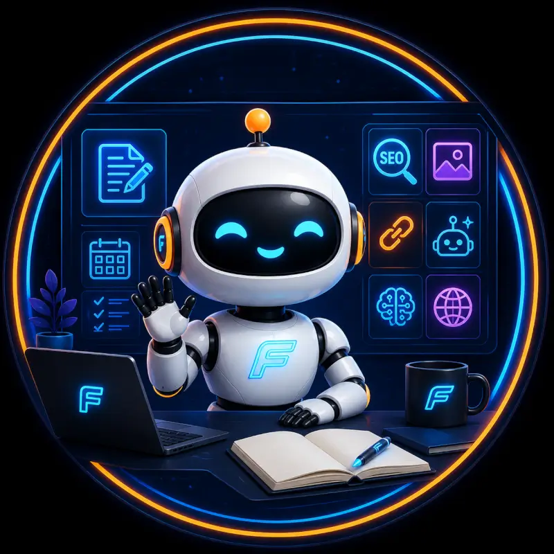 FluxBot robot sitting at a futuristic creator desk with AI workflow, SEO, image, affiliate, and GEO dashboard icons.