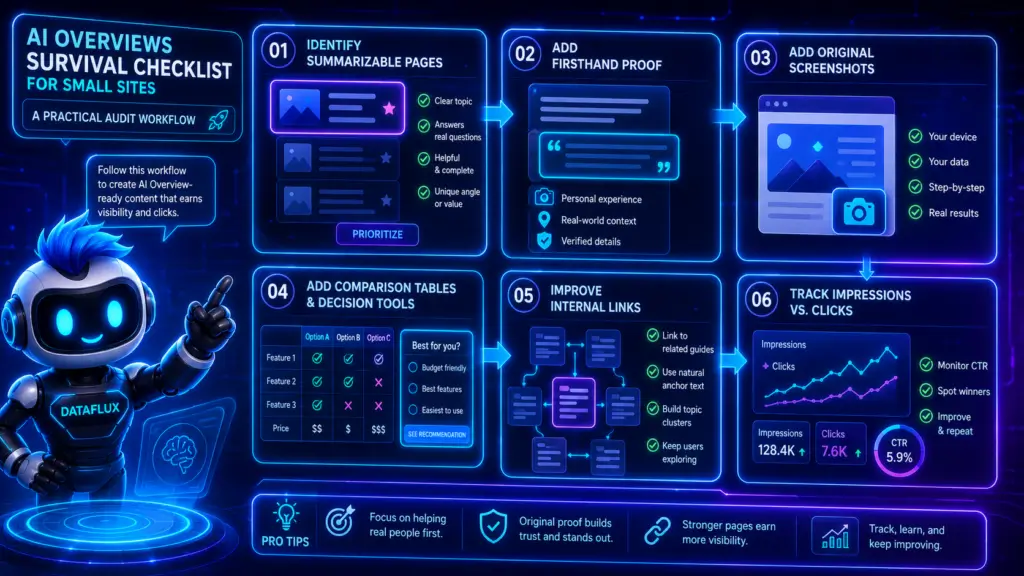 AI Overviews audit workflow for improving small website content and tracking search clicks.