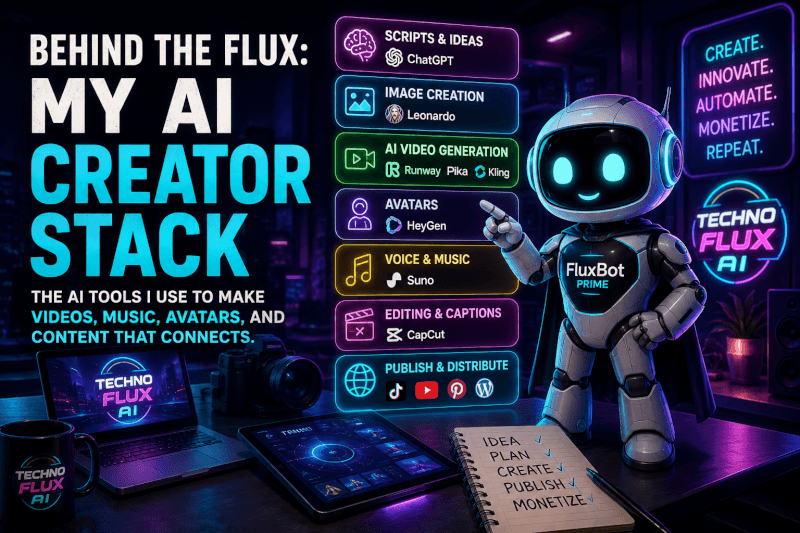Futuristic TechnofluxAI creator desk showing FluxBot Prime beside a neon AI creator stack with tools for scripts, image creation, video generation, avatars, music, editing, and publishing.