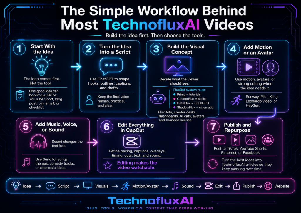Neon infographic showing the TechnofluxAI video workflow from idea to script, visuals, motion or avatar, music, editing, publishing, and website repurposing.