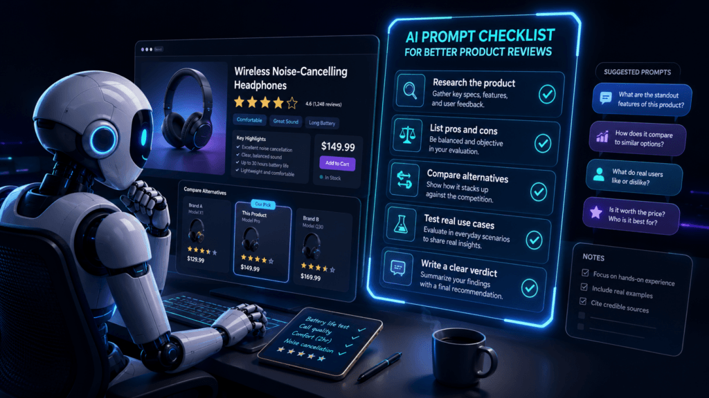 FluxBot pointing to an AI product review prompt workflow with features, pros, cons, pricing, and final verdict.