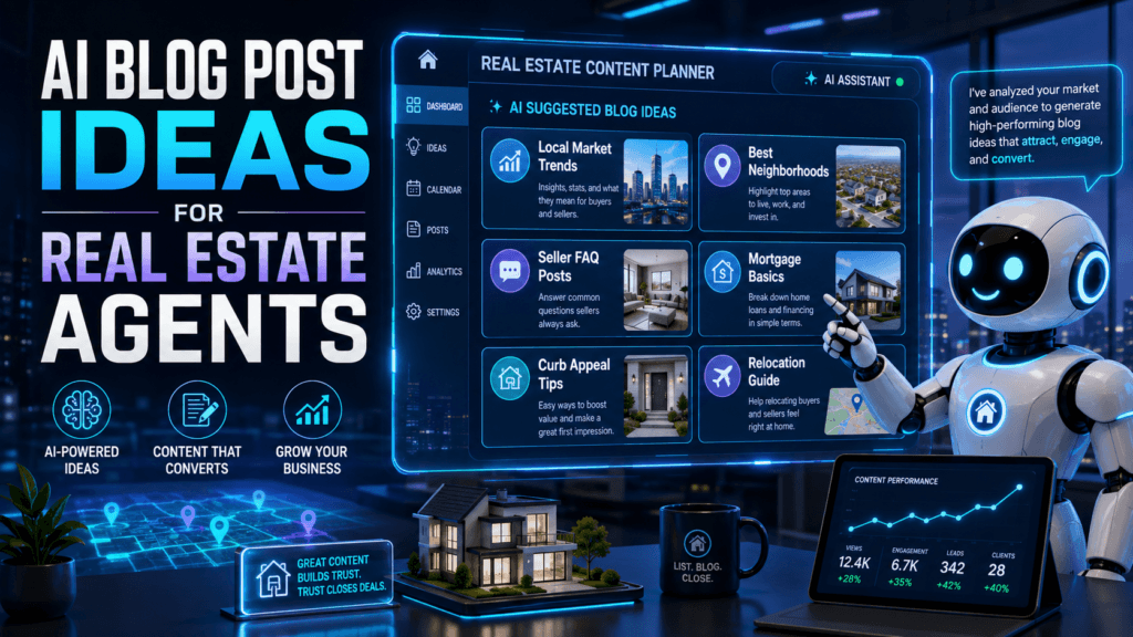 AI real estate content planner showing blog ideas for local market trends, neighborhoods, sellers, mortgages, curb appeal, and relocation.