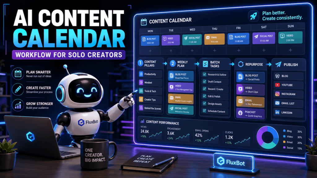 AI content calendar planning system for solo creators showing weekly planning, batch tasks, repurposing content, and publishing across multiple channels.