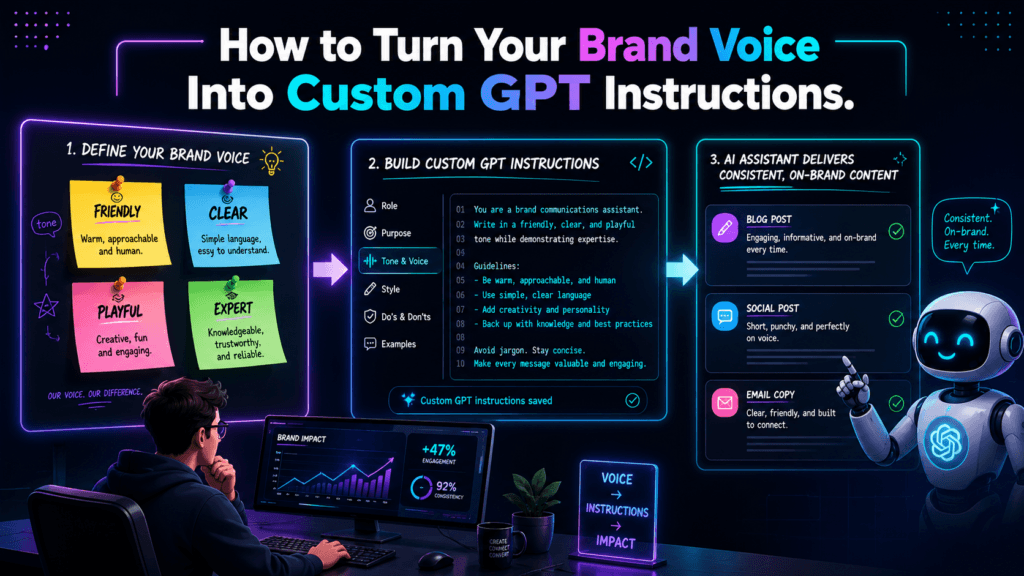 Three-step infographic showing how to define a brand voice, build Custom GPT instructions, and create consistent blog posts, social content, and email copy.