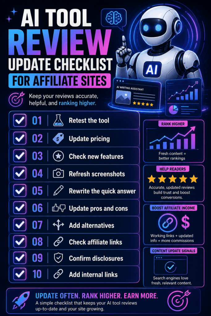 Vertical infographic listing ten steps for updating AI tool reviews, including retesting tools, checking prices, refreshing screenshots, and verifying affiliate links.