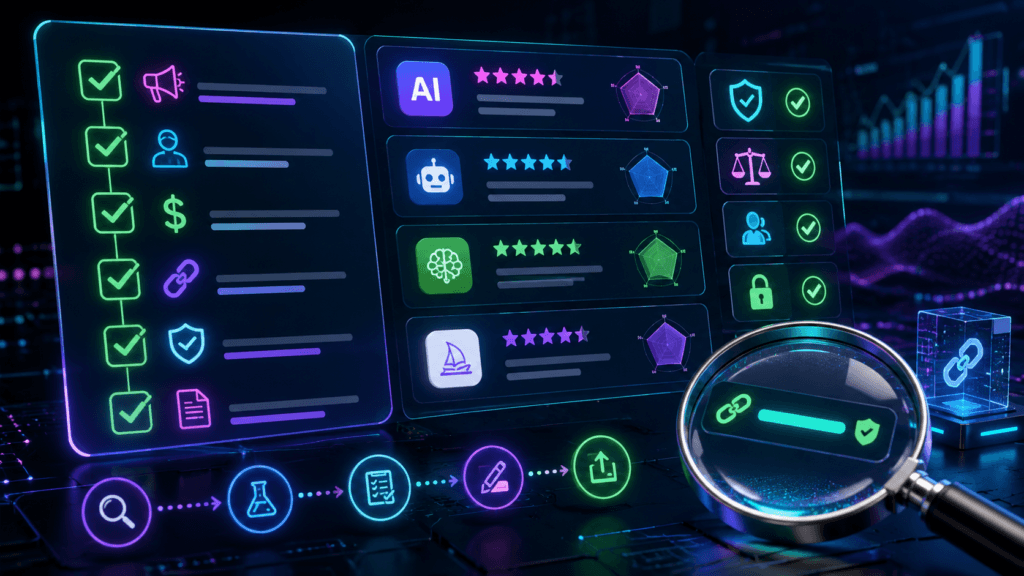 Neon AI tool review dashboard with affiliate disclosure checks, trust icons, and link inspection