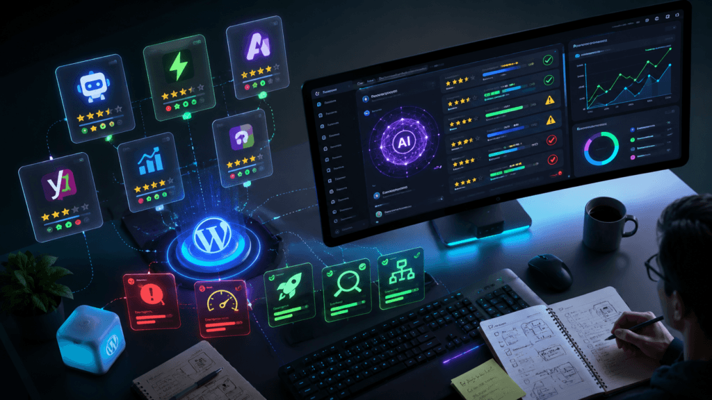 Futuristic plugin comparison dashboard showing AI tools, performance warnings, and blogging features
