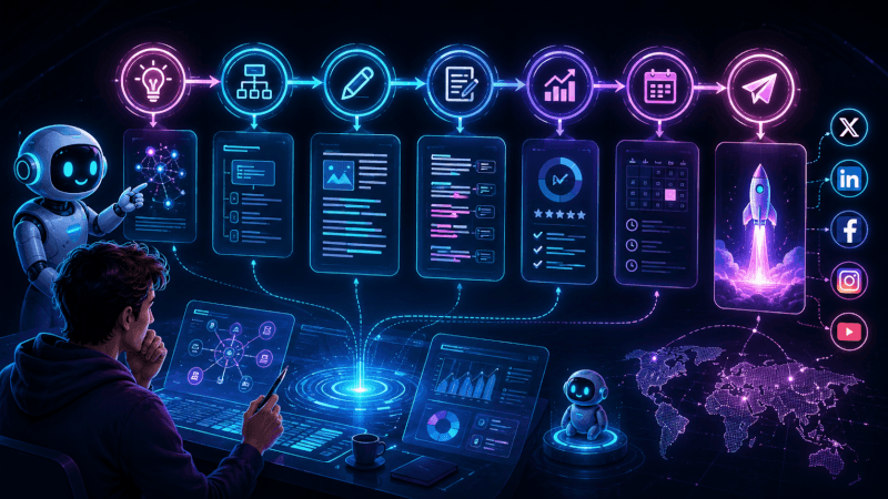 FluxBot guiding a creator through an AI content workflow from idea generation to publishing