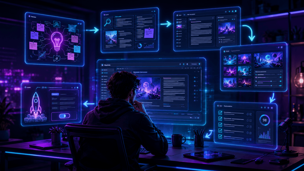 Creator using AI tools for research, drafting, images, optimization, and publishing a blog post
