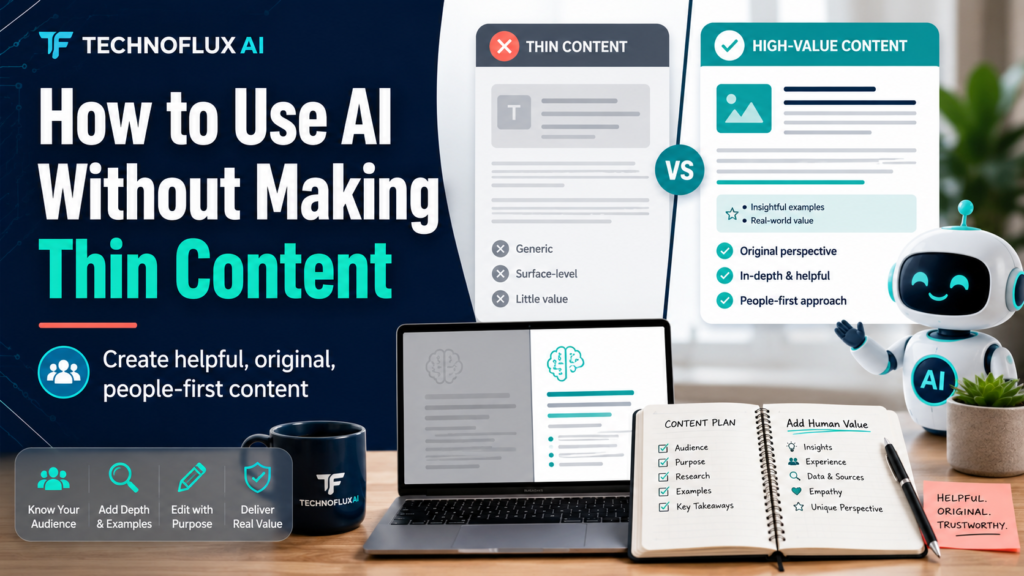 AI writing assistant beside a content plan showing how to add human experience, research, empathy, examples, and unique perspective.