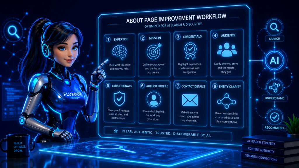FluxBot presenting an About page improvement checklist for expertise, mission, credentials, audience, trust signals, and entity clarity.