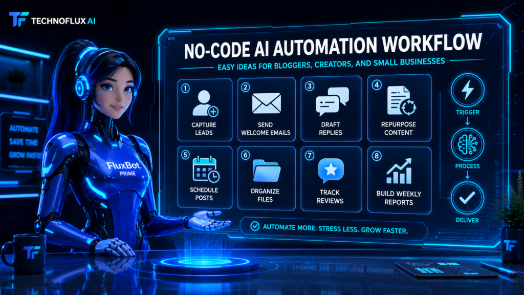 FluxBot explaining a no-code AI automation workflow for capturing leads, sending emails, scheduling posts, organizing files, and creating reports.