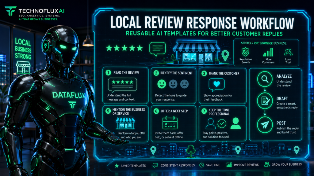 DataFlux explaining a local review response workflow for analyzing feedback, drafting a reply, and posting a professional response.