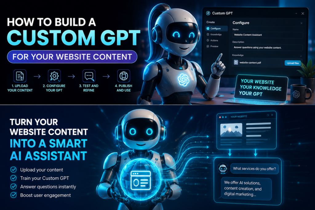 Futuristic AI robot showing how website content can be uploaded and configured into a custom GPT assistant.