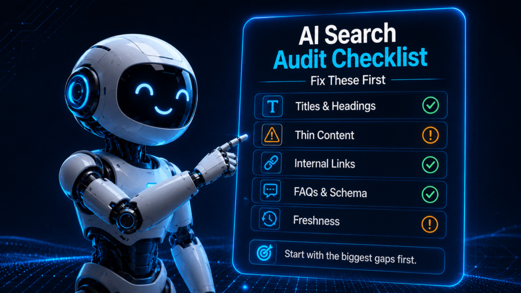 FluxBot pointing to an AI search audit checklist covering titles, thin content, internal links, FAQs, schema, and freshness.