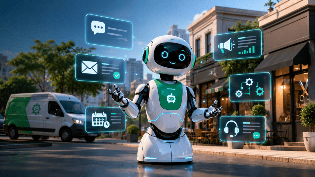 Six-step AI workflow for local businesses using customer questions, content, visuals, follow-up, automation, and review.