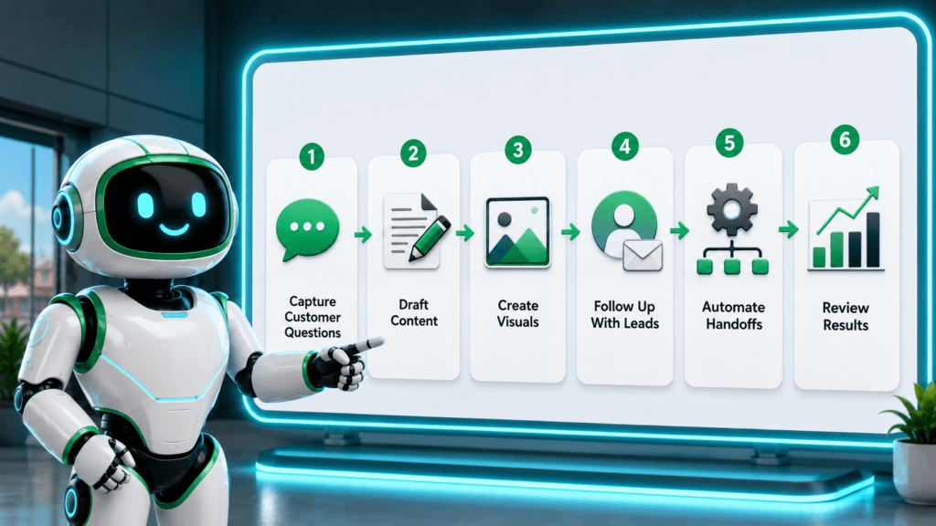 AI assistant helping local businesses choose AI tools for marketing, reviews, email, automation, and customer support.