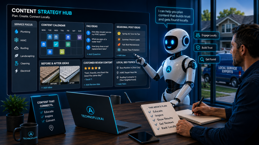 AI content strategy dashboard showing seasonal posts, FAQs, customer reviews, before-and-after ideas, and local SEO topics for service businesses.
