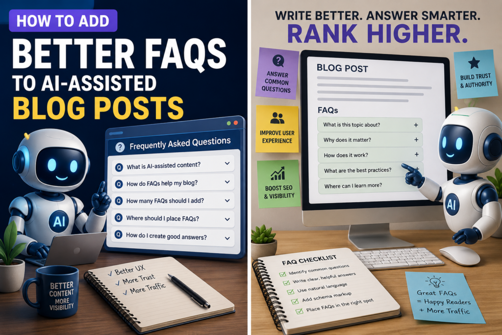 AI-powered blog editor showing FAQ best practices such as answering common questions, improving user experience, building trust, and increasing search visibility.