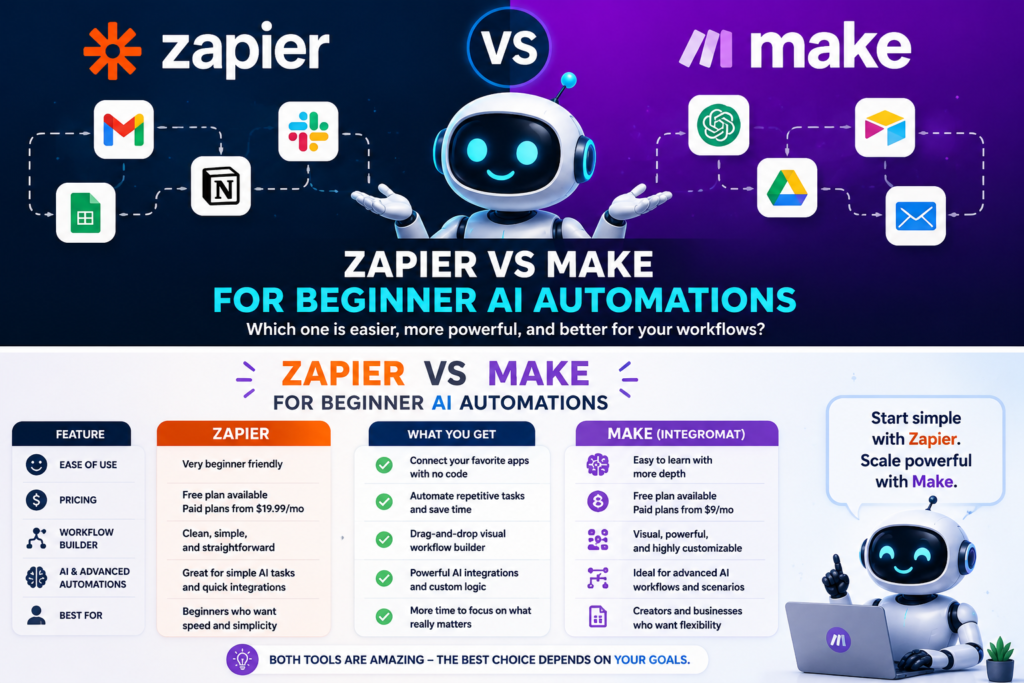 Visual comparison of Zapier and Make workflows with connected apps, beginner features, AI integrations, and automation examples.