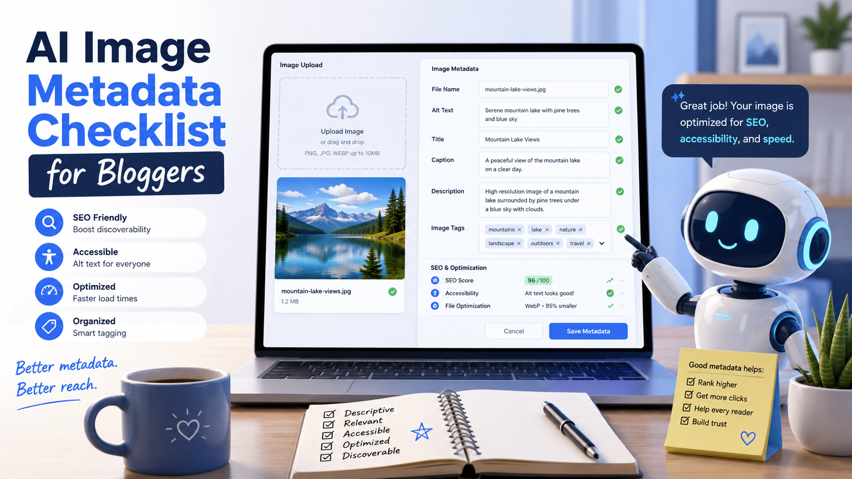 Blogger using an AI image metadata tool to add a descriptive file name, alt text, title, caption, and media description.