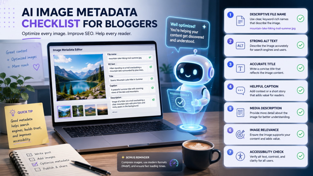 AI assistant reviewing a seven-step image metadata checklist for bloggers, including file names, alt text, titles, captions, descriptions, relevance, and accessibility.