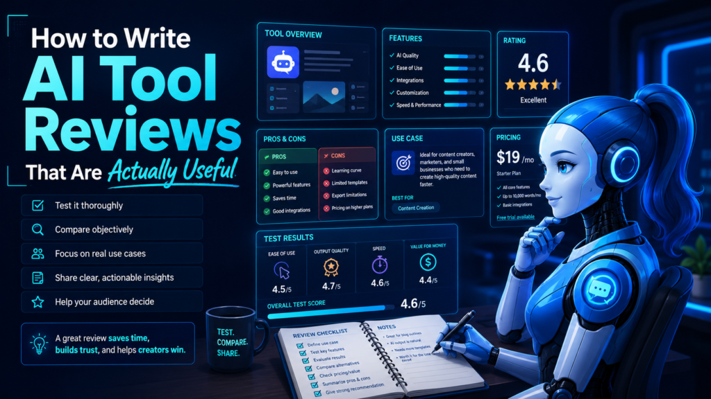 Split-screen illustration comparing a vague AI tool review with a detailed review based on hands-on testing, pricing, pros and cons, real use cases, and audience fit.