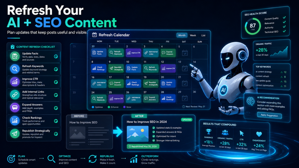 AI content refresh workflow showing a calendar, update checklist, before-and-after blog posts, SEO health scores, traffic metrics, and ranking improvements.