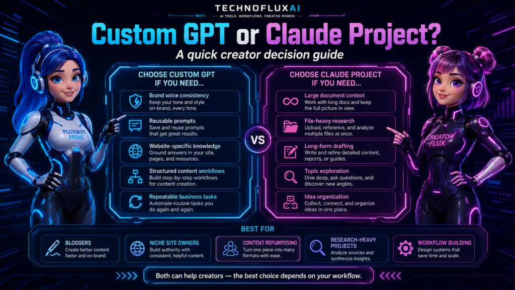 FluxBot Prime and CreatorFlux present a quick decision guide comparing Custom GPT and Claude Project for bloggers, niche site owners, research projects, and workflow building.