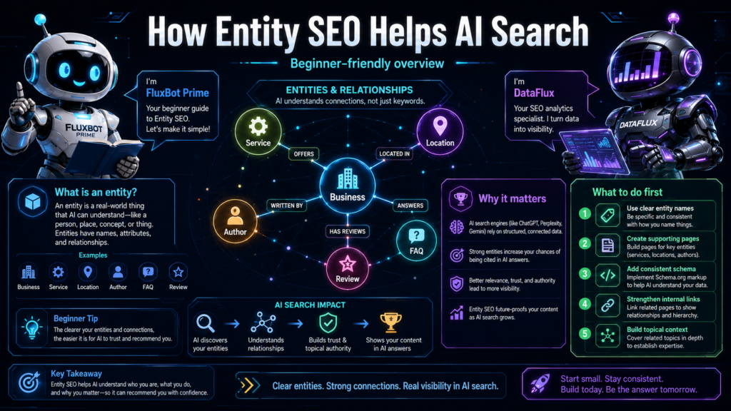 FluxBot Prime and DataFlux explain how Entity SEO helps AI search through entities, relationships, AI search impact, beginner tips, and a step-by-step action checklist.