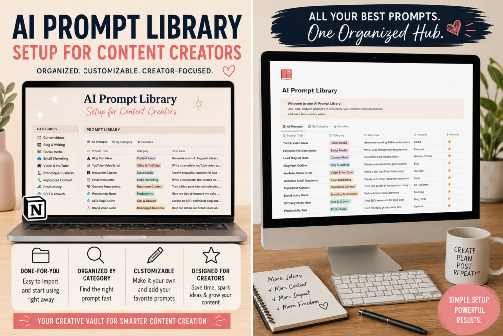 Laptop and desktop computer displaying an organized AI prompt library with reusable prompts for blogging, social media, email, video, SEO, and content repurposing.