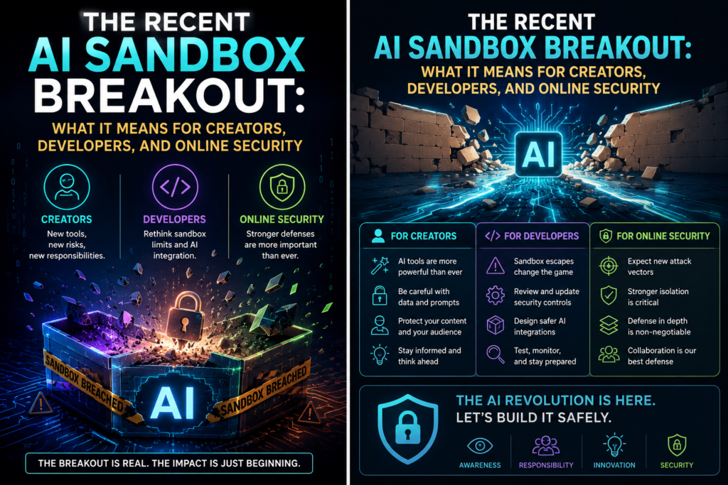 Cybersecurity infographic showing an AI chip breaking through a digital wall with safety guidance for creators, developers, and security teams.