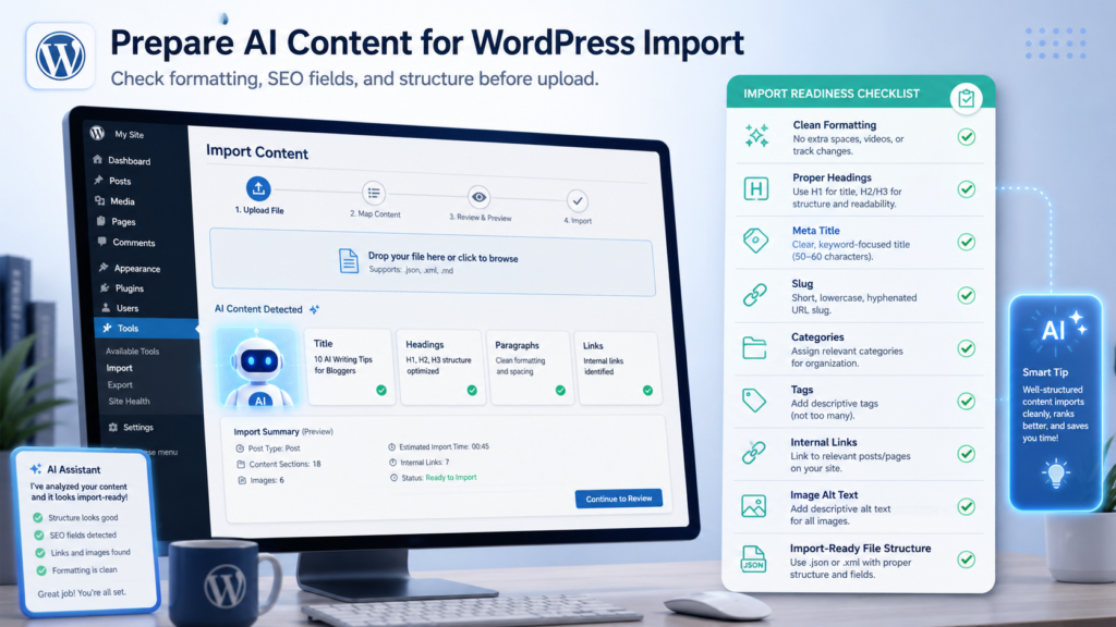 WordPress import checklist covering clean formatting, headings, SEO title, slug, categories, tags, internal links, alt text, and file structure.