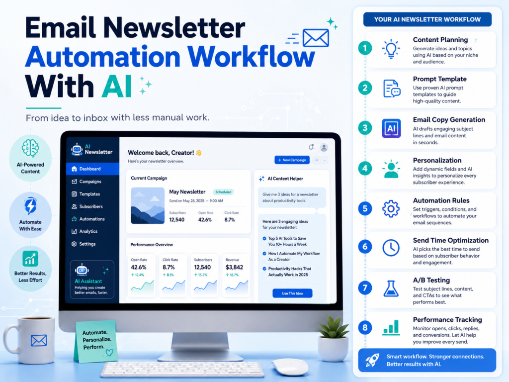 Email newsletter automation workflow with AI showing content planning, prompt templates, copy generation, personalization, automation rules, send-time optimization, A/B testing, and performance tracking.