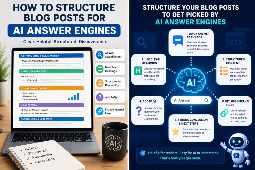 Laptop displaying an AI-friendly blog post beside a checklist covering strong answers, clear headings, lists, examples, and next steps.