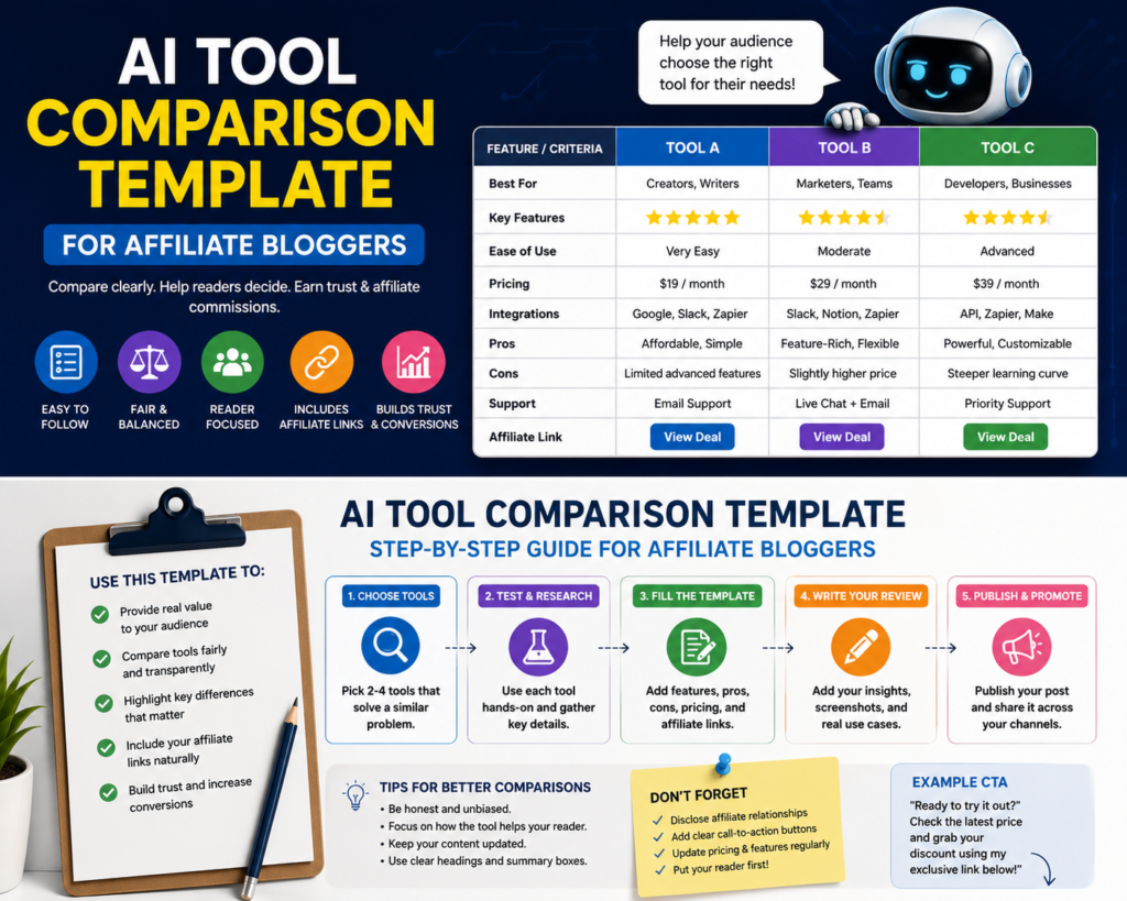 Step-by-step AI tool comparison guide for affiliate bloggers with a comparison chart, research steps, affiliate disclosure reminders, and call-to-action examples.